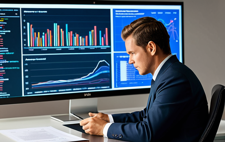 A focused professional, fully clothed in a modest business suit, seated at a sleek modern desk in a minimalist office. On the large monitor in front of them, abstract data visualizations and legal documents related to intellectual property are displayed, symbolizing digital vigilance and brand protection in the modern era. The professional holds a stylus, thoughtfully engaging with the screen. Natural pose, appropriate attire, professional dress, safe for work, appropriate content, family-friendly. Perfect anatomy, correct proportions, well-formed hands, proper finger count, natural body proportions. Professional photography, high quality, soft studio lighting.