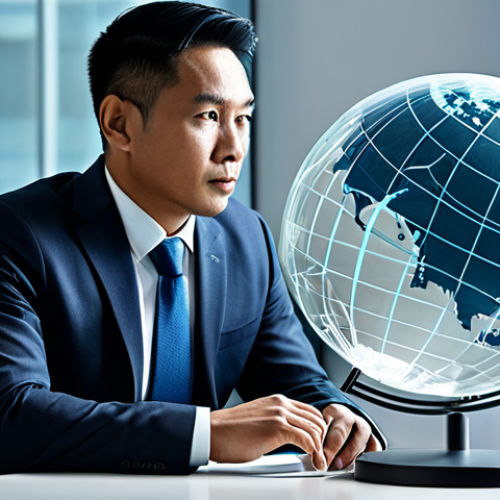 Home 6 A focused Malaysian male entrepreneur, mid-30s, in a modest business suit, seated at a modern, illuminated desk in a sleek, professional office environment. Behind him, a translucent, abstract digital globe with interconnected lines represents global markets, overlaid with subtle, complex geometric patterns symbolizing international legal frameworks and intellectual property protection challenges. His expression is thoughtful and determined. Professional photography, high resolution, intricate details, fully clothed, modest clothing, appropriate attire, safe for work, appropriate content, professional, perfect anatomy, correct proportions, natural pose, well-formed hands, proper finger count, natural body proportions.