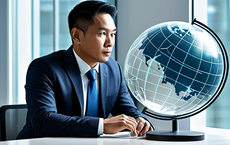 A focused Malaysian male entrepreneur, mid-30s, in a modest business suit, seated at a modern, illuminated desk in a sleek, professional office environment. Behind him, a translucent, abstract digital globe with interconnected lines represents global markets, overlaid with subtle, complex geometric patterns symbolizing international legal frameworks and intellectual property protection challenges. His expression is thoughtful and determined. Professional photography, high resolution, intricate details, fully clothed, modest clothing, appropriate attire, safe for work, appropriate content, professional, perfect anatomy, correct proportions, natural pose, well-formed hands, proper finger count, natural body proportions.
